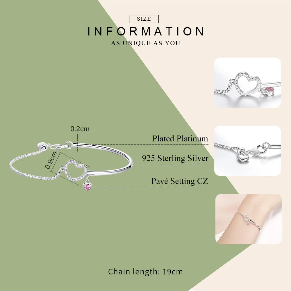 Romantic Sterling Silver Heart Pink CZ Bracelet for Women