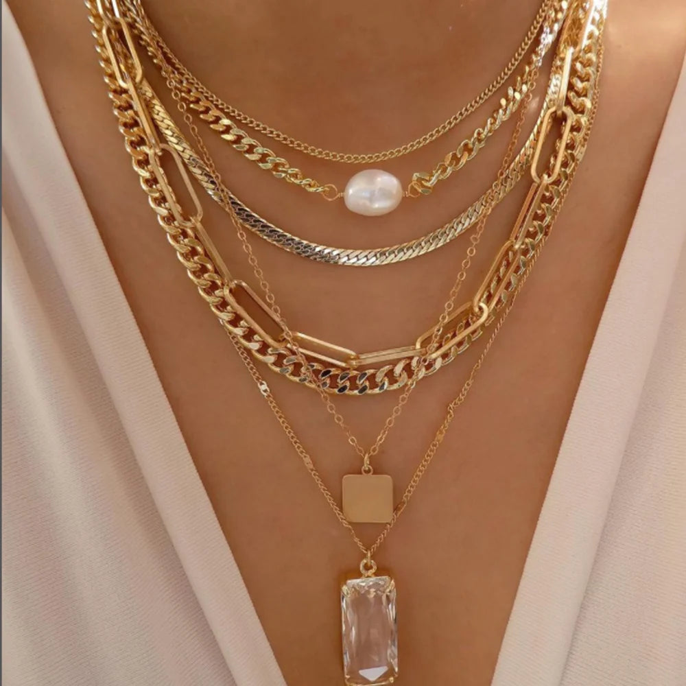 Vintage Multi-Layer Stainless Steel Necklace with Green Crystal Pendant