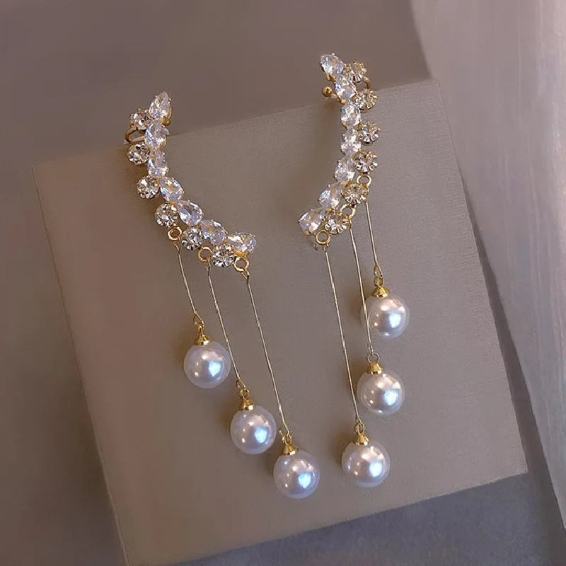 Classic Elegant Double Pearl Crystal Tassel Drop Earrings