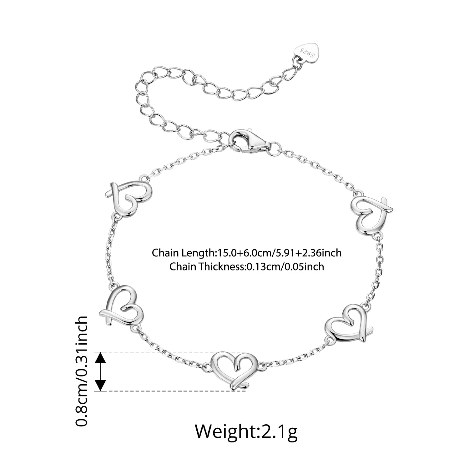 Sterling Silver Heart Charm Bead Link Bracelet for Women