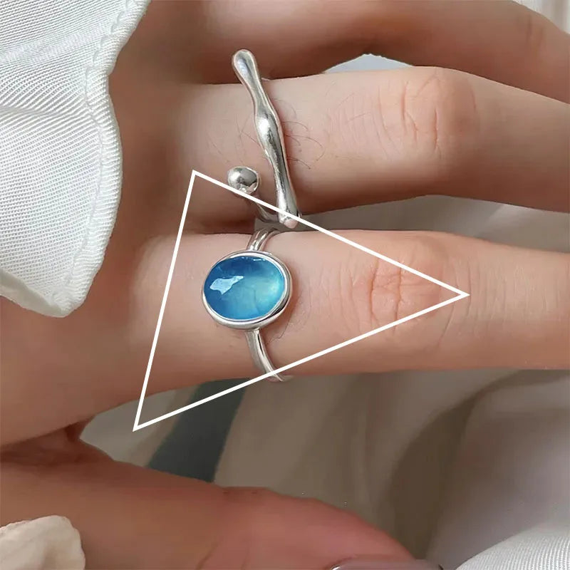 Mermaid Whale Tail Moonstone Stackable Ring – Blue Green Silver