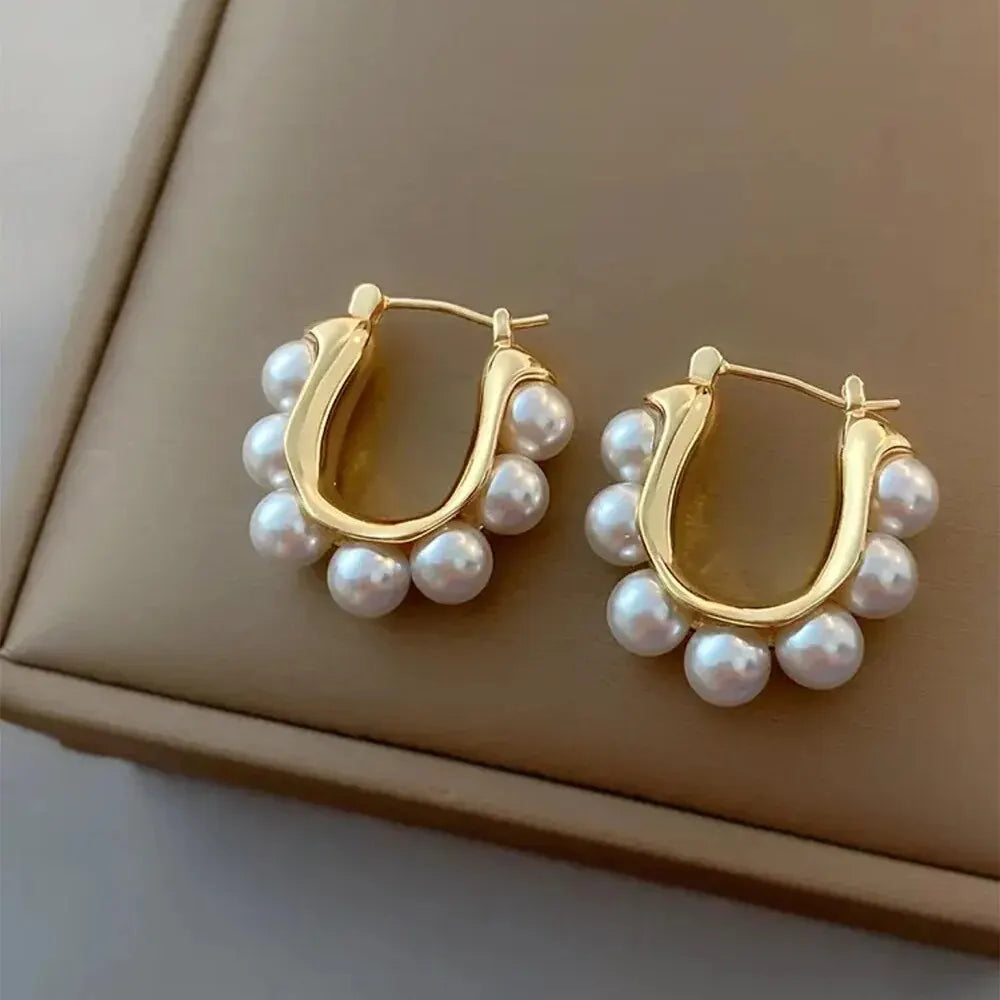 Gold U-Shaped Hoop Earrings with Imitation Pearls for Women