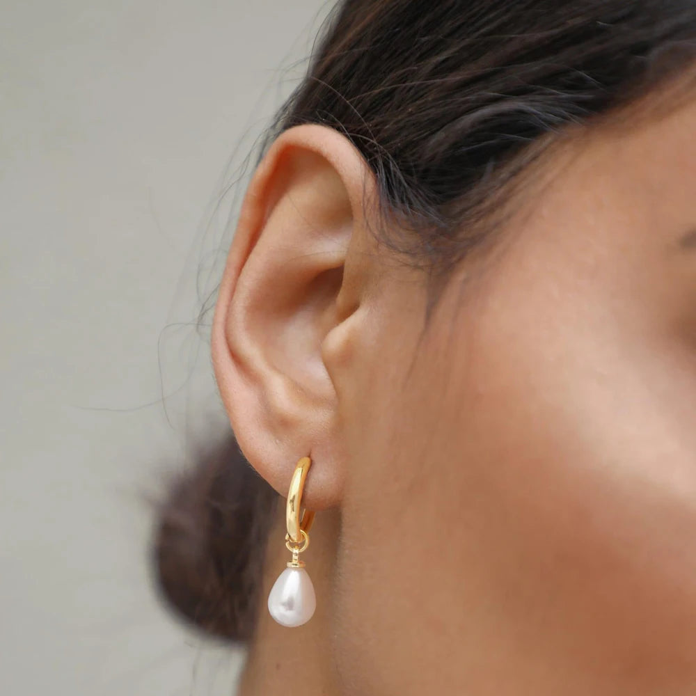 Gold Plated Pearl Dangle Huggie Hoop Earrings for Women