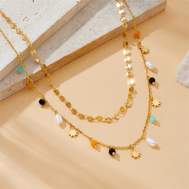 Gold Pearl Pentacle Star Pendant Necklace Jewelry Set