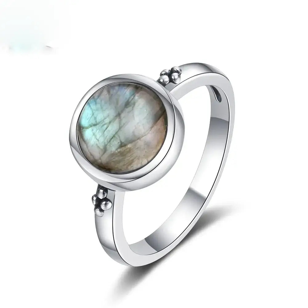 Vintage Round Natural Labradorite Silver Ring for Women