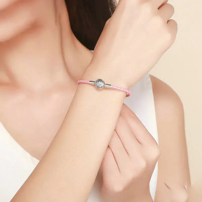 Sterling Silver Round Clasp Leather Bracelet with Clear CZ for Women