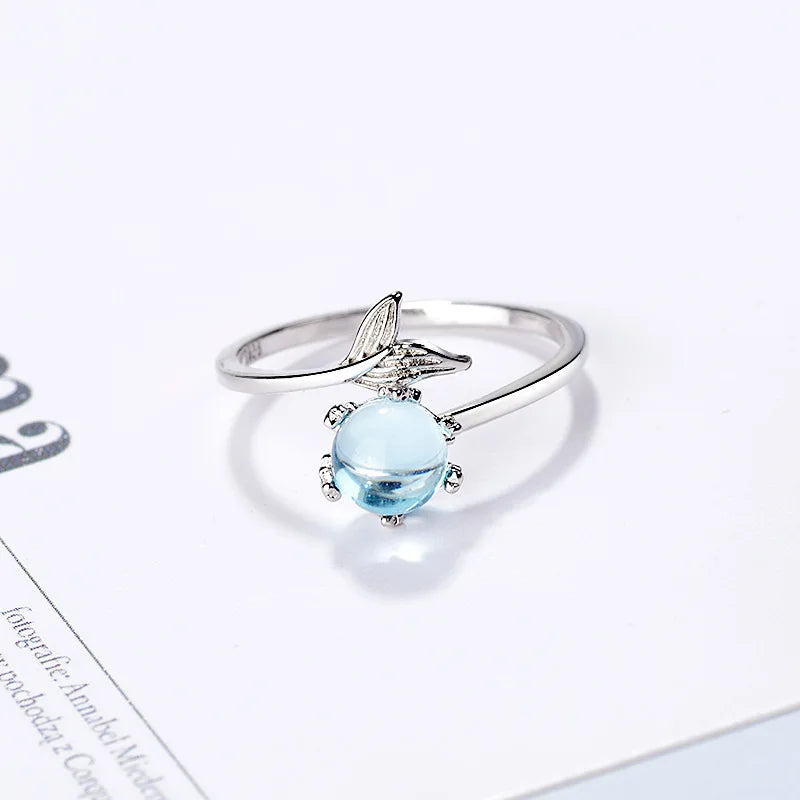 Mermaid Whale Tail Moonstone Stackable Ring – Blue Green Silver