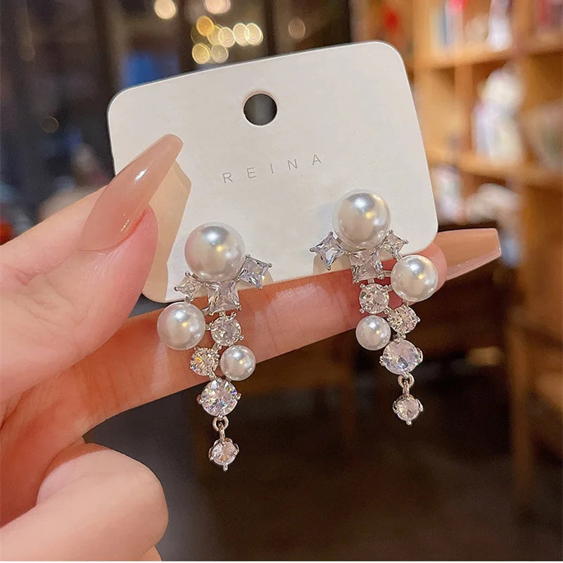 Classic Elegant Double Pearl Crystal Tassel Drop Earrings