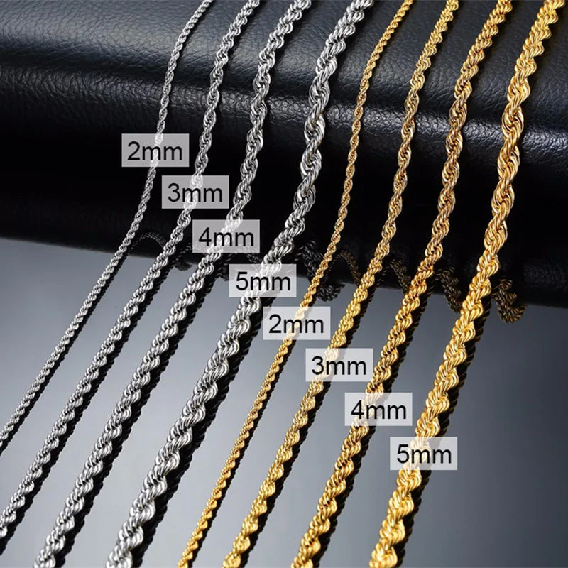 Gold Twisted Rope Chain Necklace – Men & Women Stainless Steel