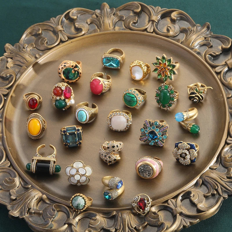 Vintage Blue Gold Sun Ring with Yellow Stone for Women