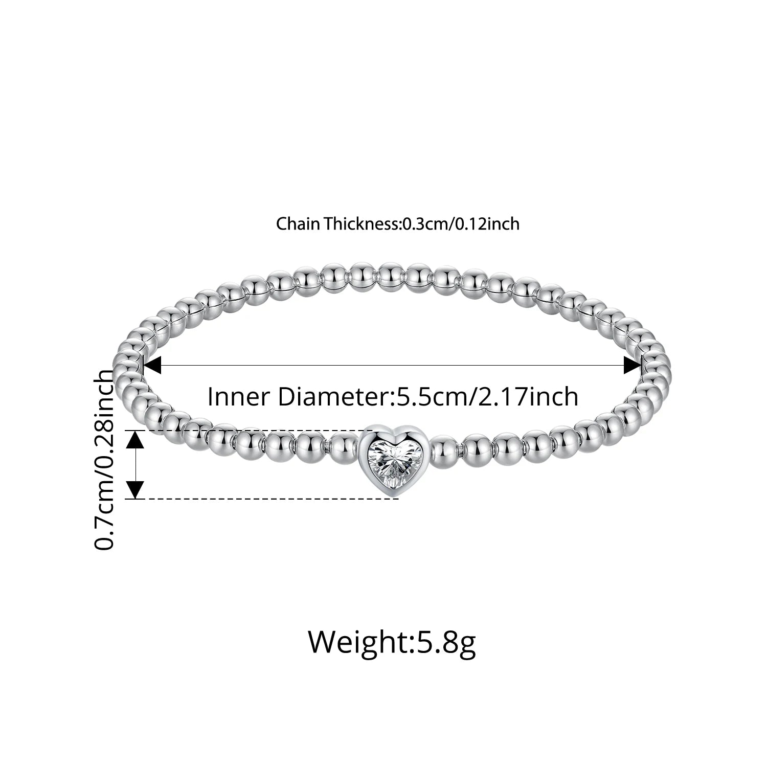 Sterling Silver Heart Charm Bead Link Bracelet for Women