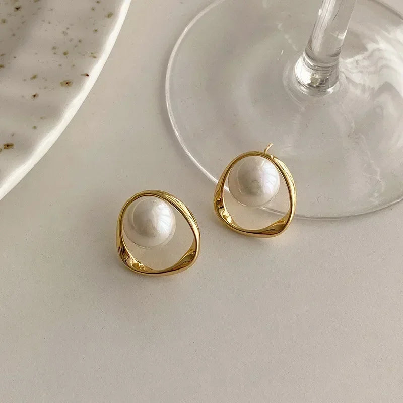 Gold Imitation Pearl Stud Earrings – Korean Irregular Design