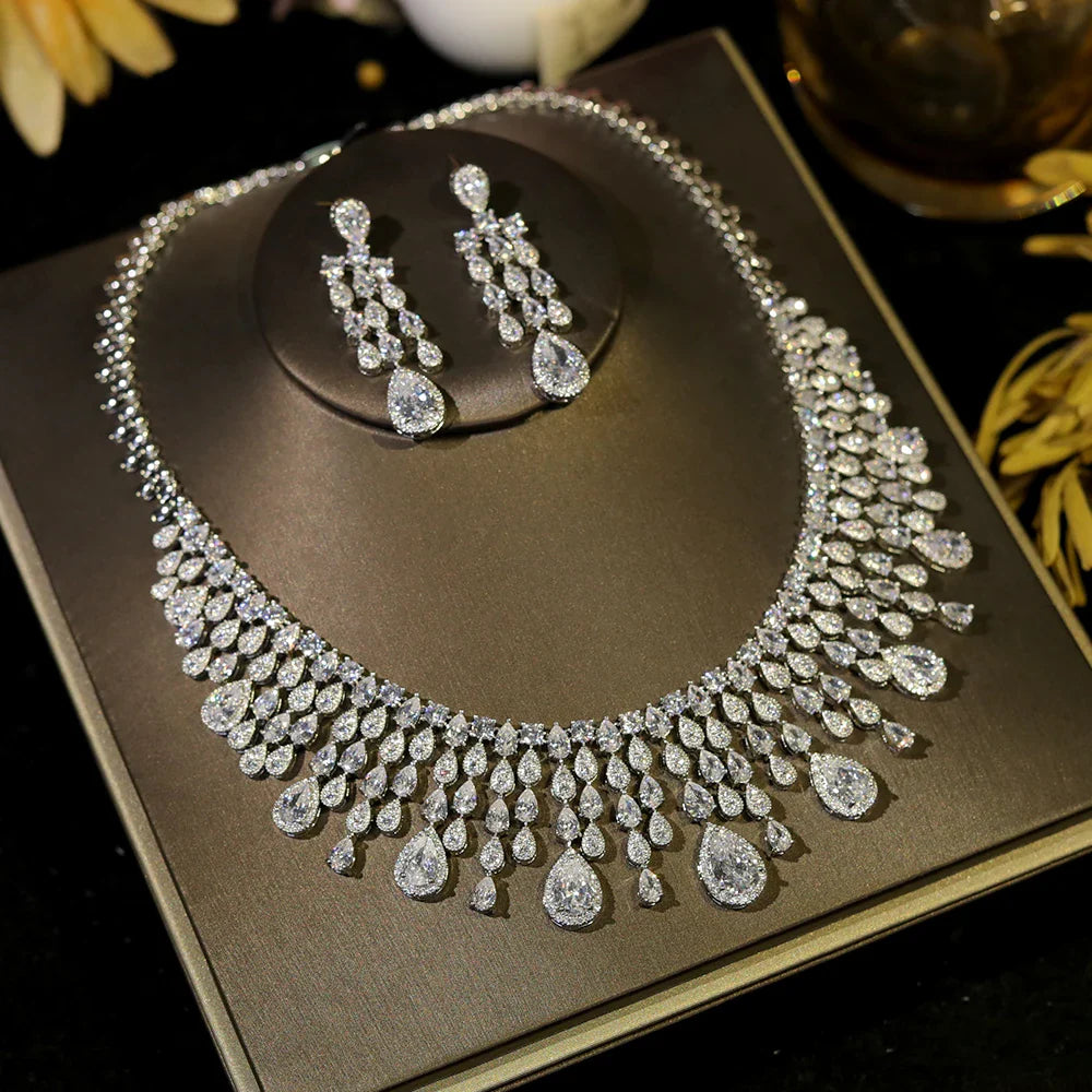 Luxury Water Drop Tassel Jewelry Set with White Cubic Zirconia for Brides