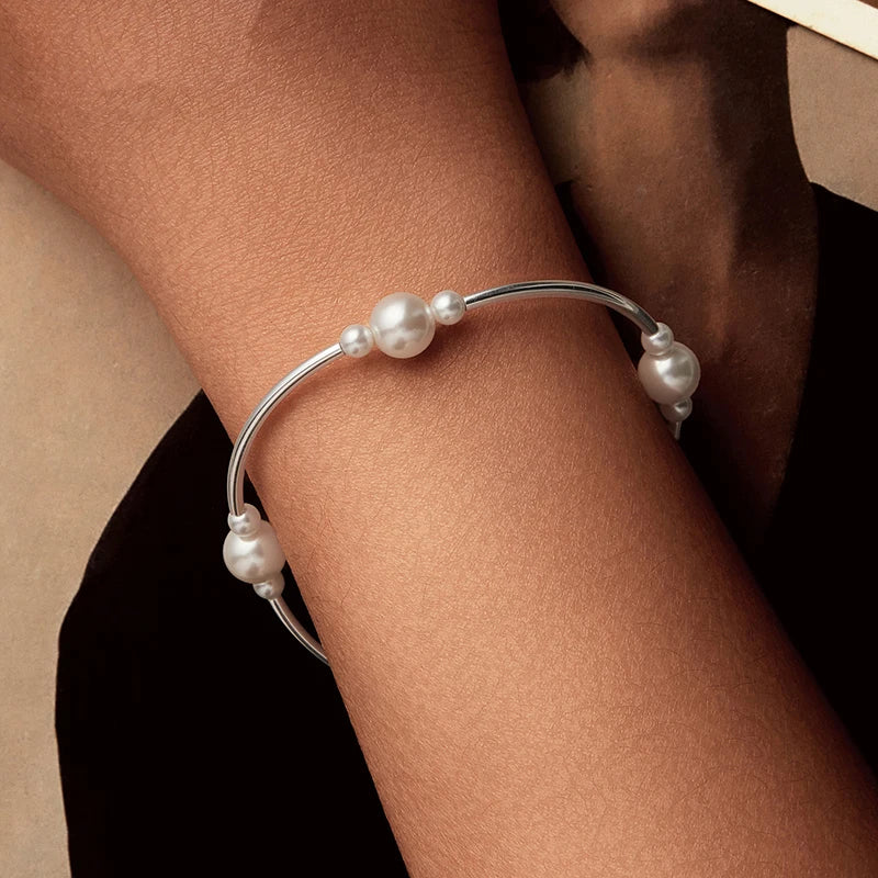 Elegant Sterling Silver Pearl Stretch Bracelet for Women