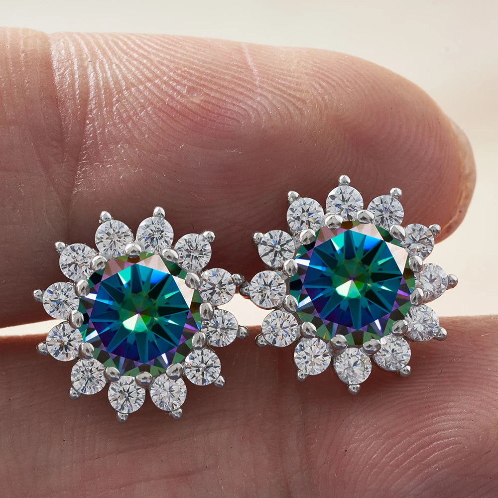 D Color Moissanite Sunflower Stud Earrings for Women in Sterling Silver
