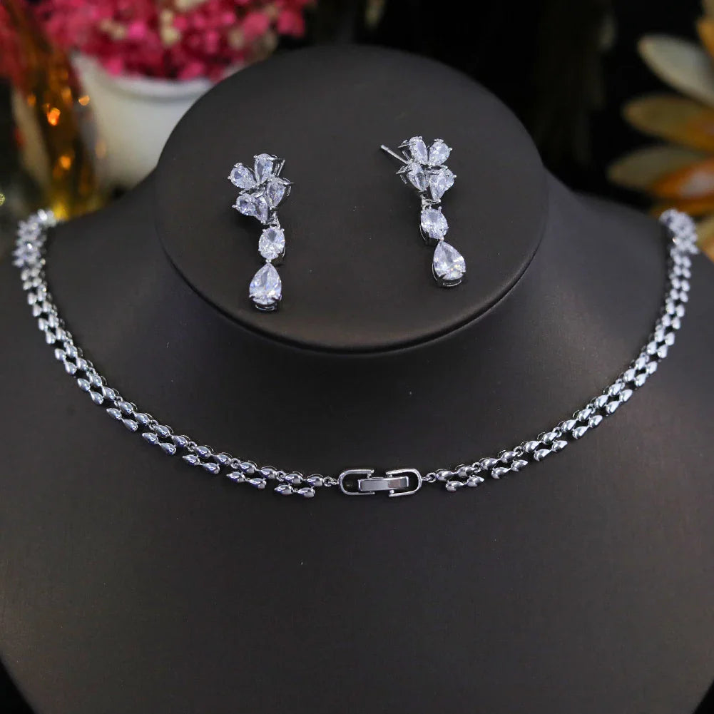 Luxury Cubic Zirconia Water Drop Necklace and Earrings Set for Women