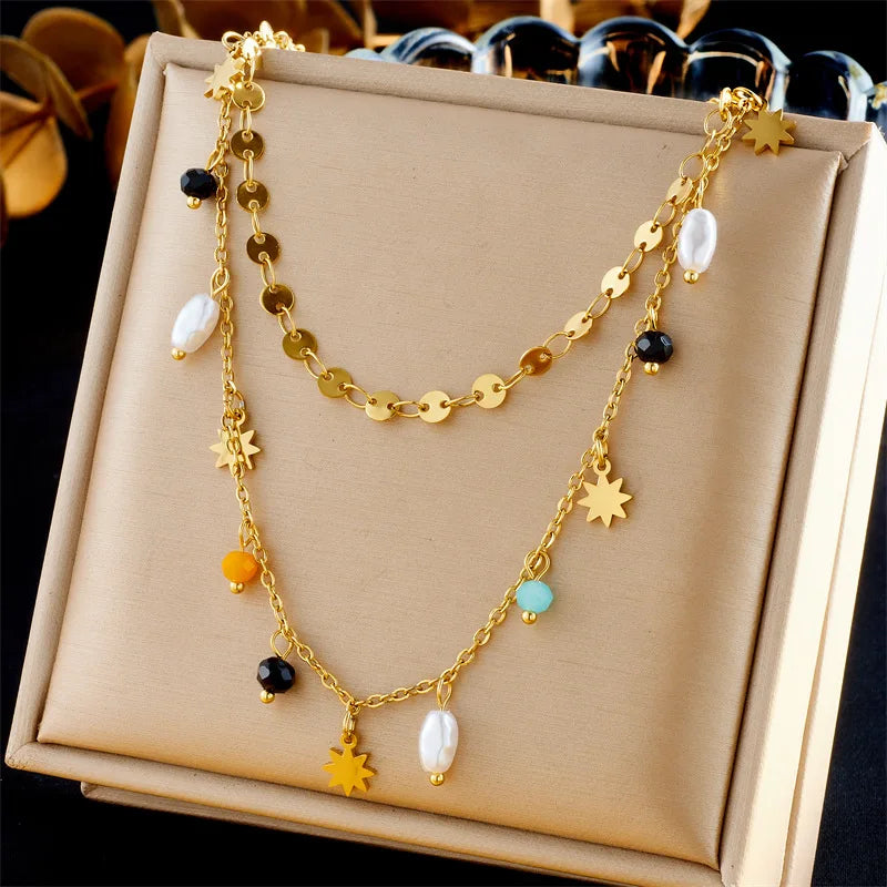 Gold Pearl Pentacle Star Pendant Necklace Jewelry Set