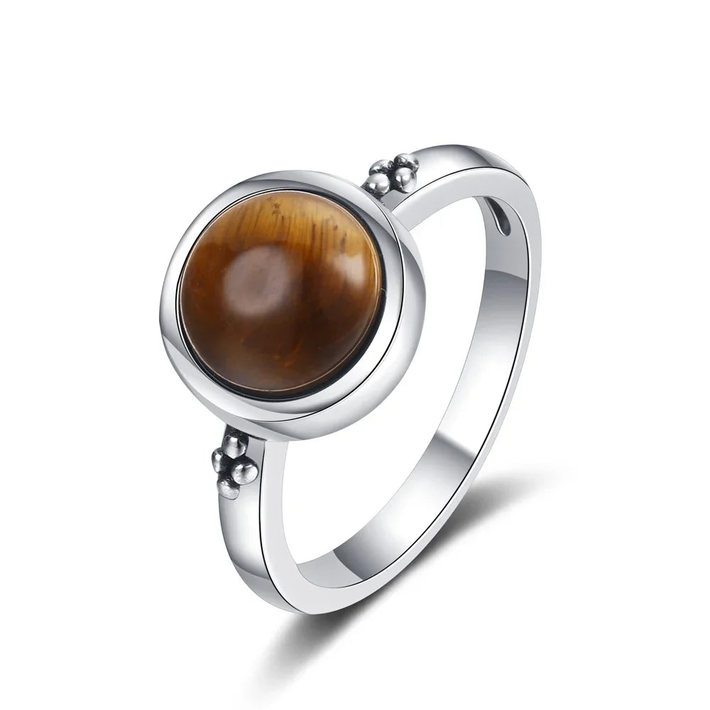 Vintage Round Natural Labradorite Silver Ring for Women