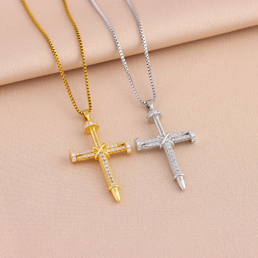 Zircon Inlay Nail Cross Pendant Necklace – Punk Stainless Steel Jewelry