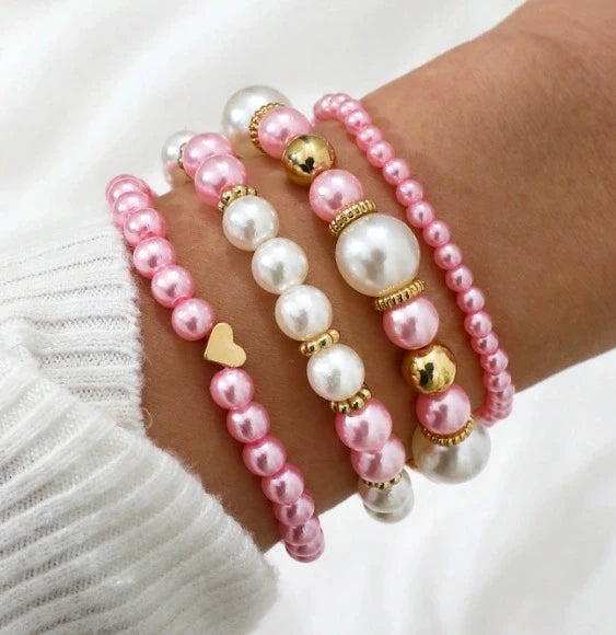 Korean Heart Charm Pearl Beaded Bracelet Set for Women