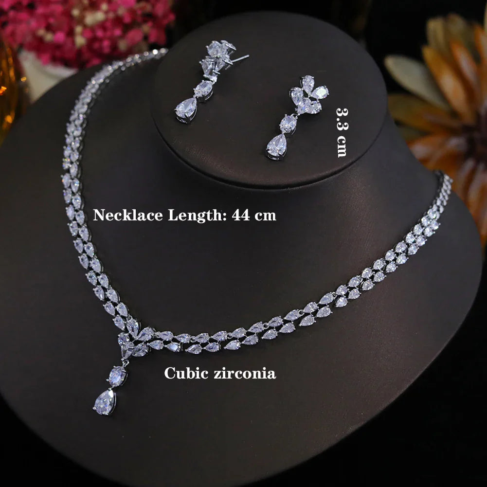 Luxury Cubic Zirconia Water Drop Necklace and Earrings Set for Women