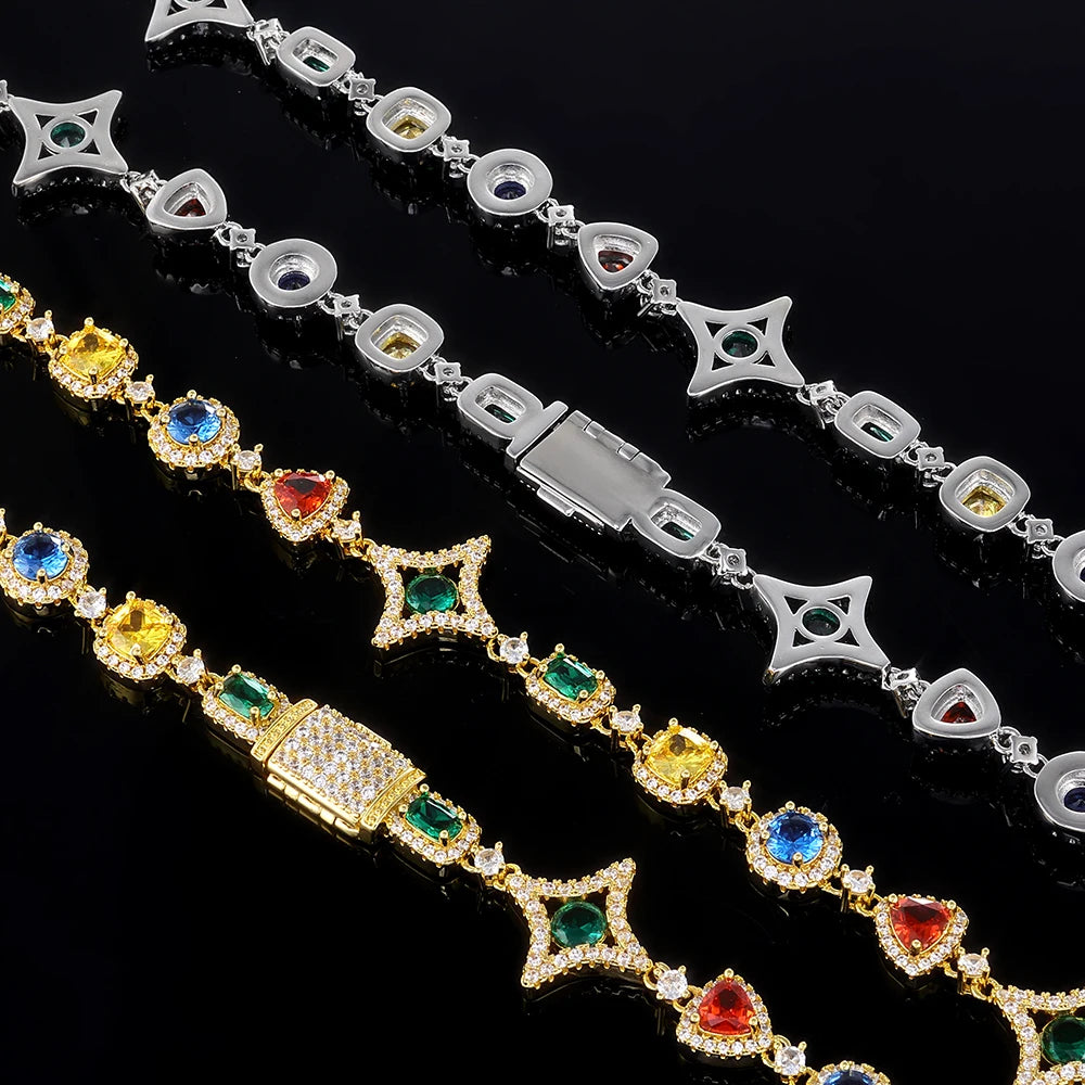Hip Hop Iced Out CZ Necklace & Bracelet Set – Colored Crystal Bling Chain