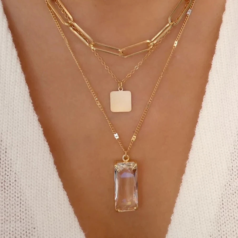 Vintage Multi-Layer Stainless Steel Necklace with Green Crystal Pendant
