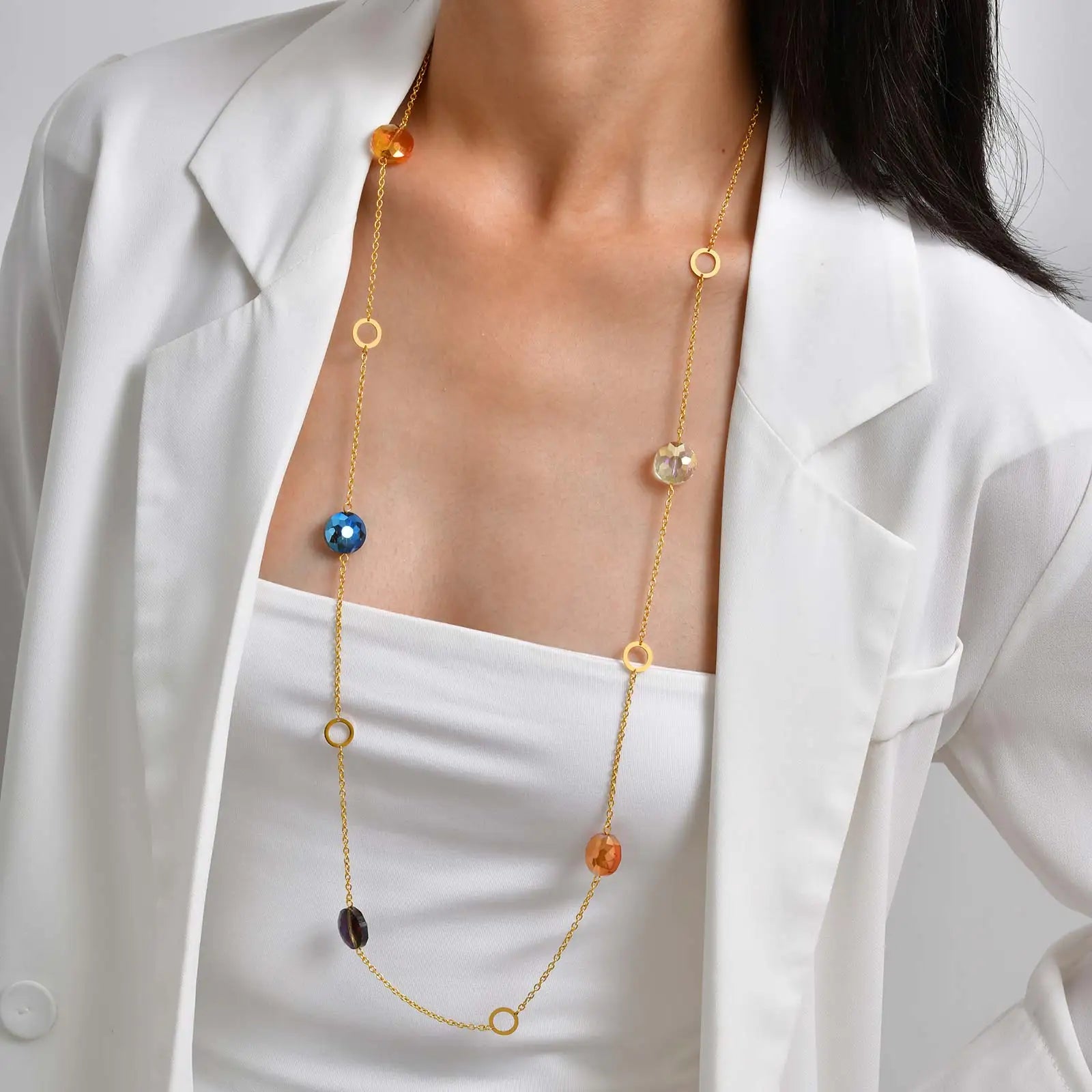 Geometric Beaded Long Layered Stainless Steel Necklace for Women