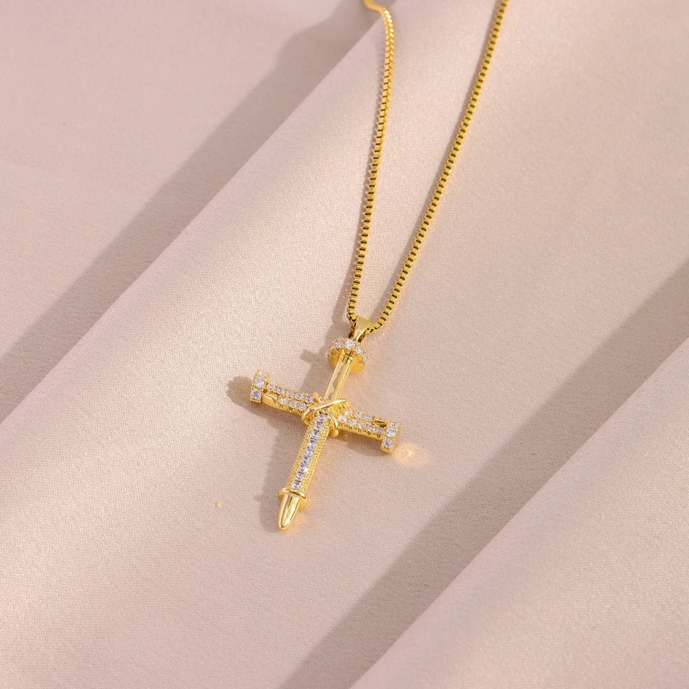 Zircon Inlay Nail Cross Pendant Necklace – Punk Stainless Steel Jewelry