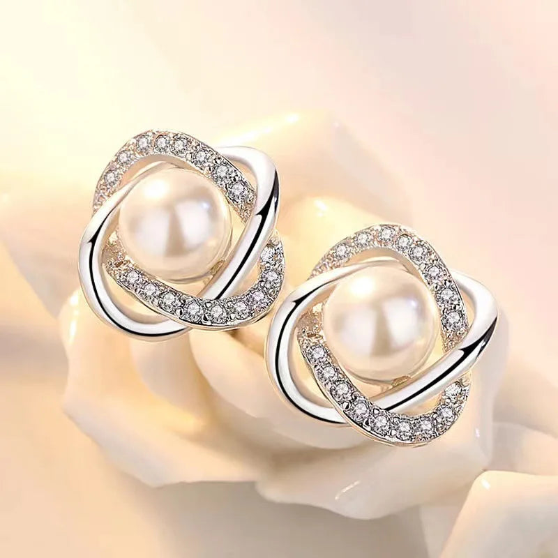 Gold Zircon Pearl Twist Stud Earrings – Luxury Women’s Jewelry