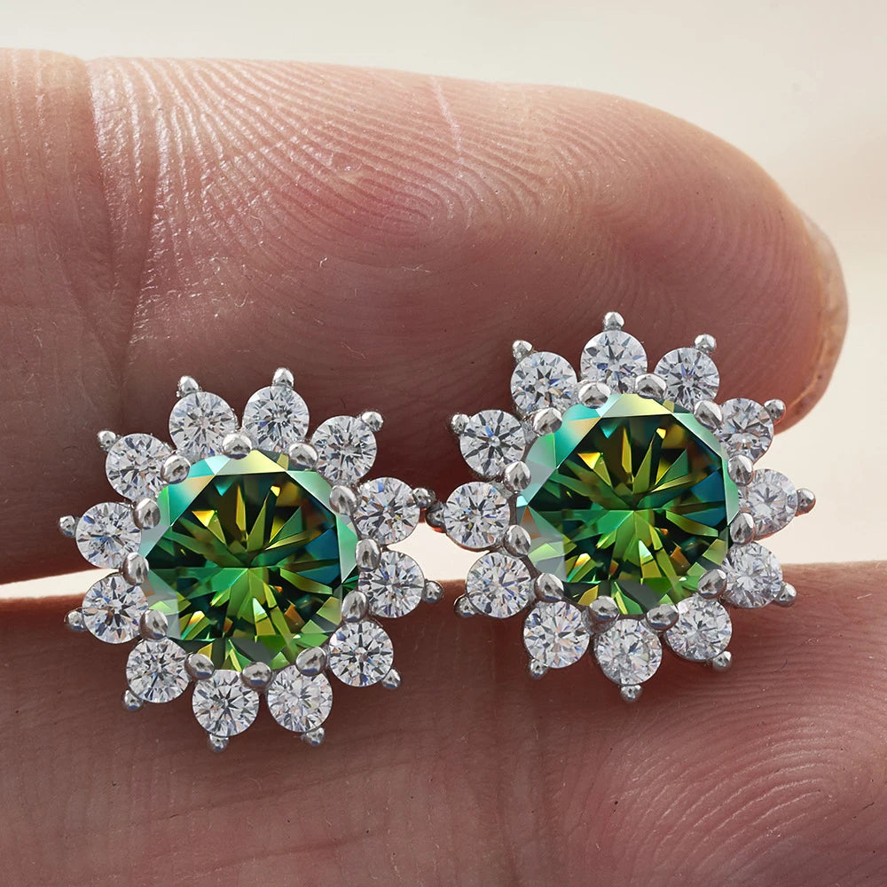 D Color Moissanite Sunflower Stud Earrings for Women in Sterling Silver