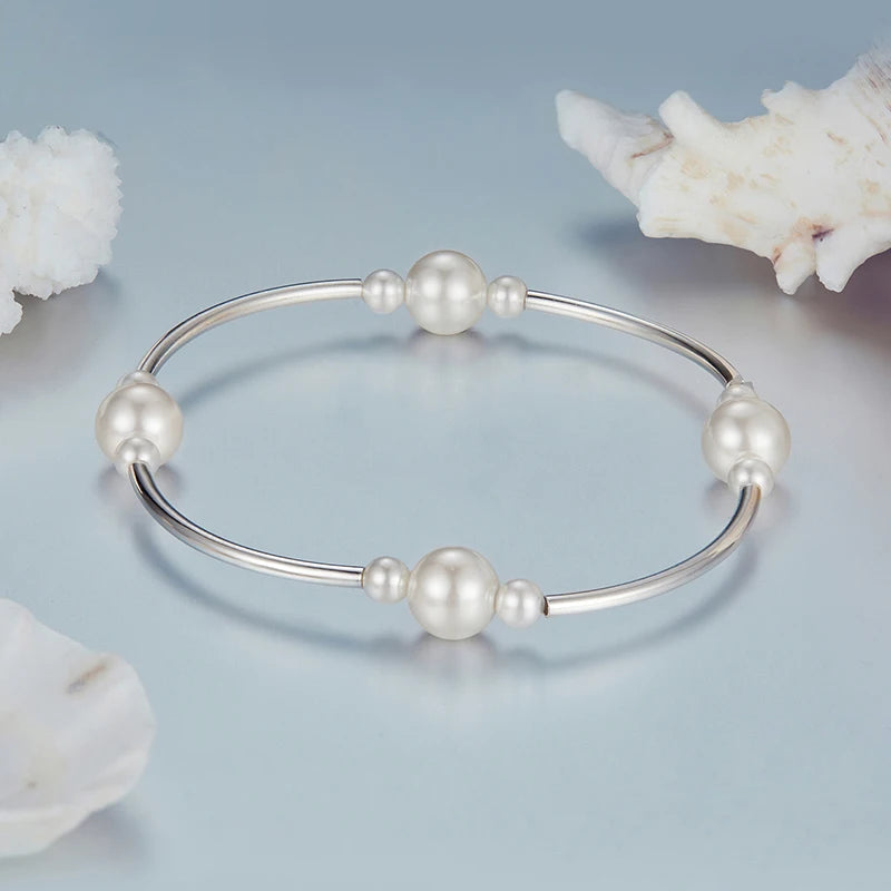Elegant Sterling Silver Pearl Stretch Bracelet for Women