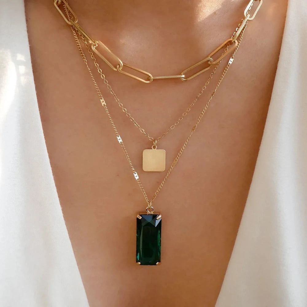 Vintage Multi-Layer Stainless Steel Necklace with Green Crystal Pendant