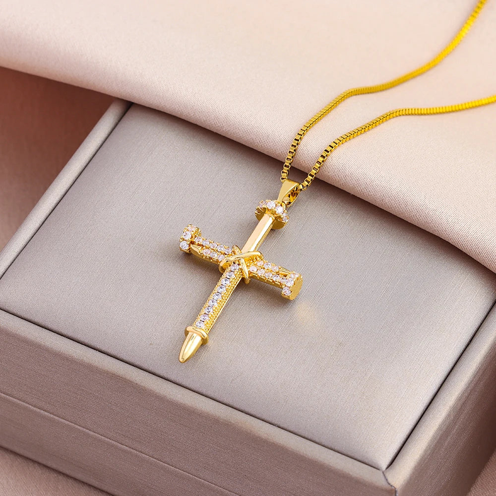 Zircon Inlay Nail Cross Pendant Necklace – Punk Stainless Steel Jewelry