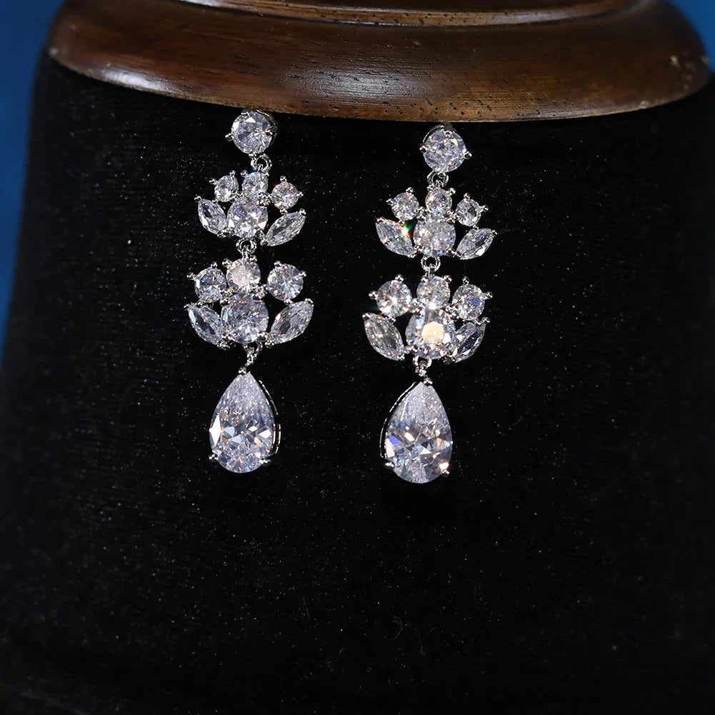 Luxury Sparkling Zircon Flower Necklace and Earring Set for Brides