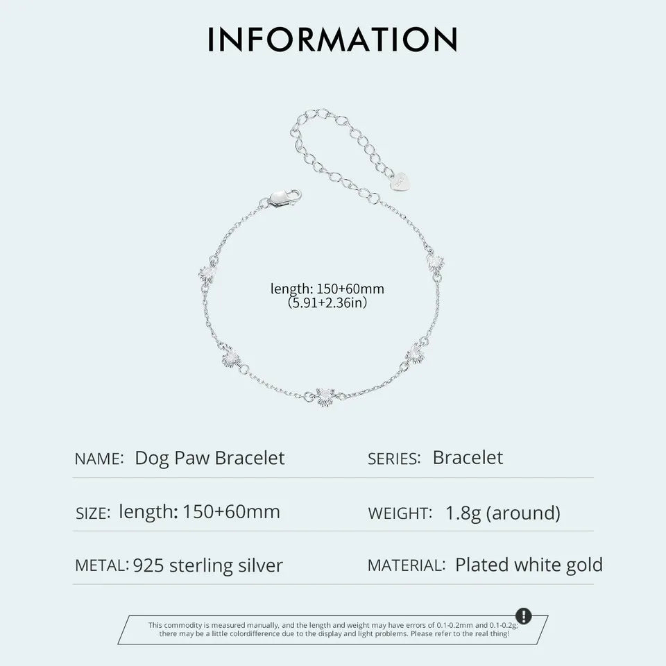 Paw Print Bracelet – White Gold Plated Adjustable Gift for Pet Lovers