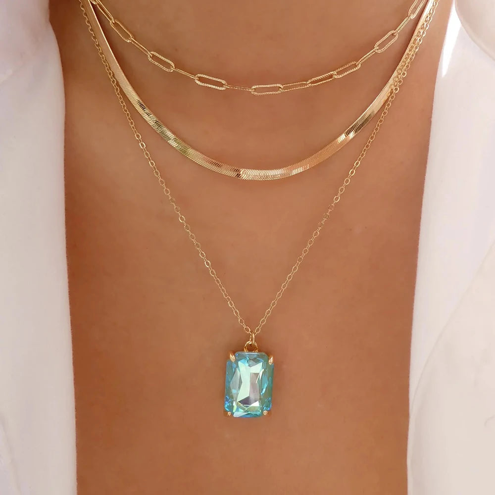 Vintage Multi-Layer Stainless Steel Necklace with Green Crystal Pendant