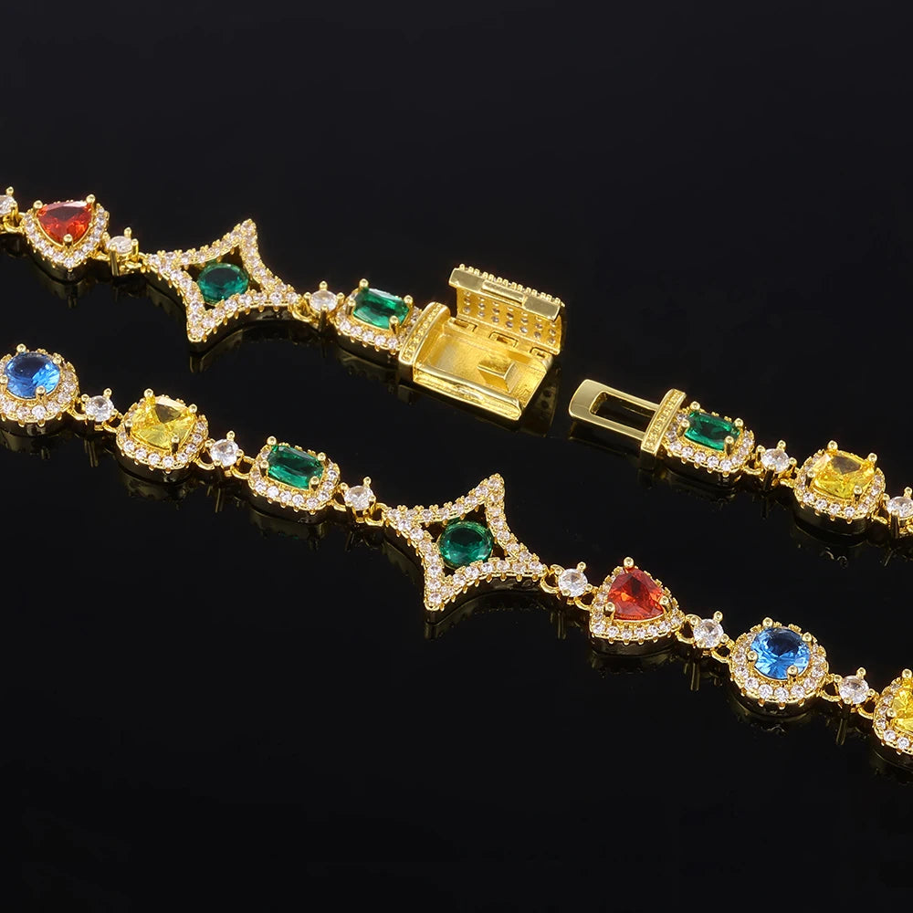 Hip Hop Iced Out CZ Necklace & Bracelet Set – Colored Crystal Bling Chain