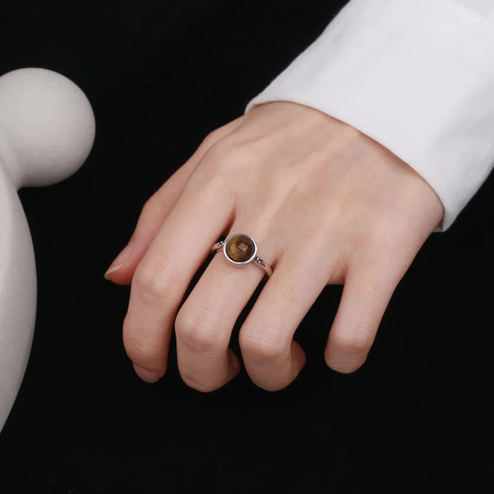 Vintage Round Natural Labradorite Silver Ring for Women