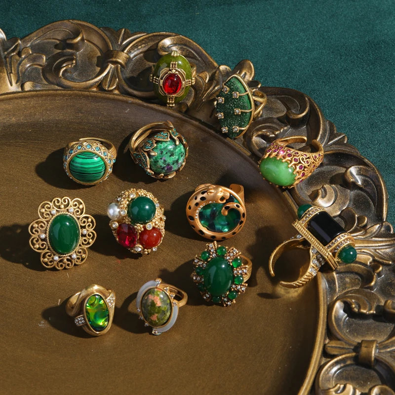 Vintage Gold Emerald Green Oval Stone Ring for Women