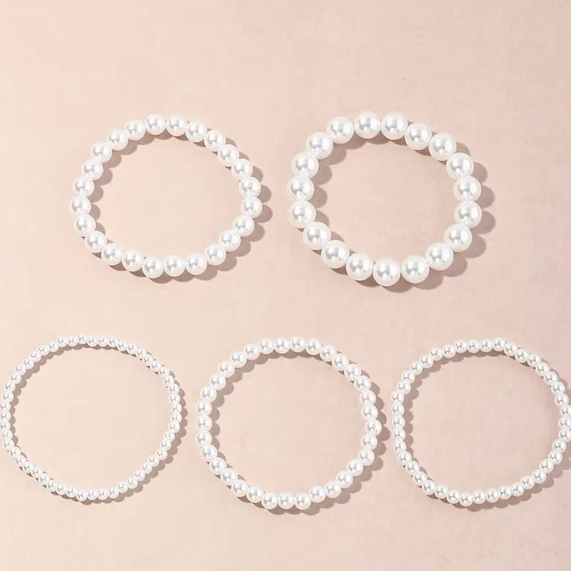 Elegant Layered White Pearl Stackable Bracelet Set