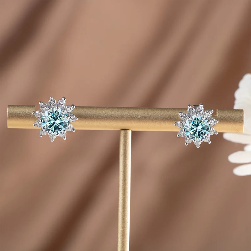D Color Moissanite Sunflower Stud Earrings for Women in Sterling Silver