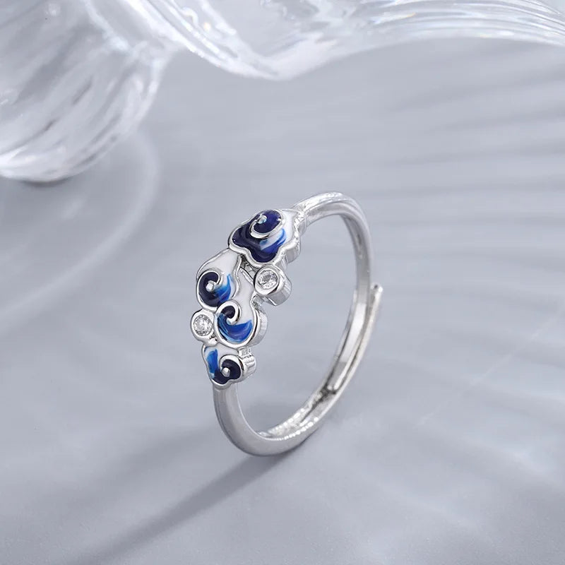 Mermaid Whale Tail Moonstone Stackable Ring – Blue Green Silver