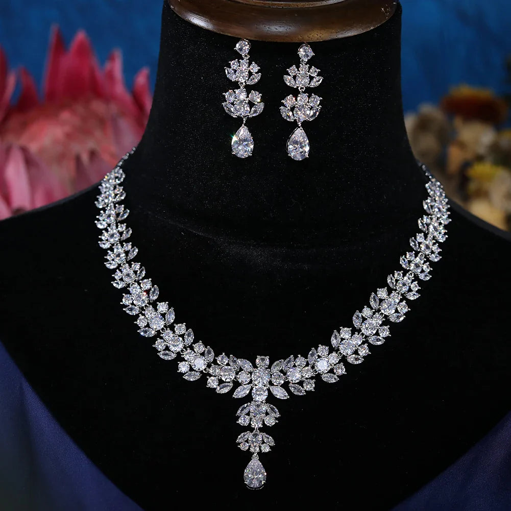 Luxury Sparkling Zircon Flower Necklace and Earring Set for Brides