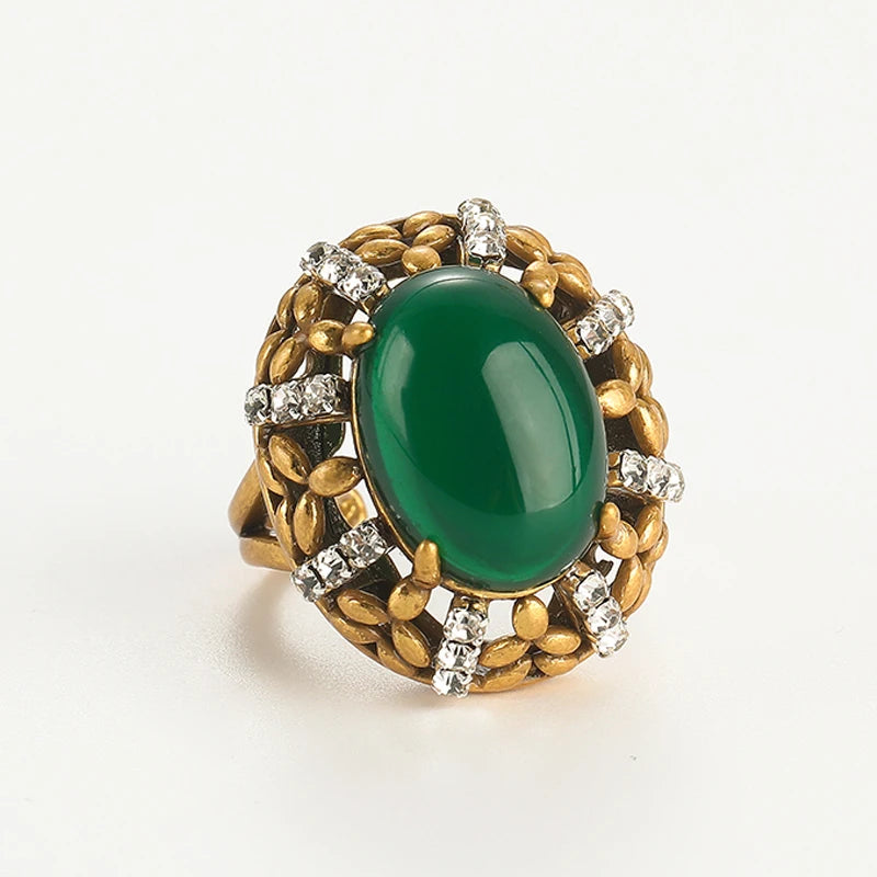 Vintage Gold Emerald Green Oval Stone Ring for Women