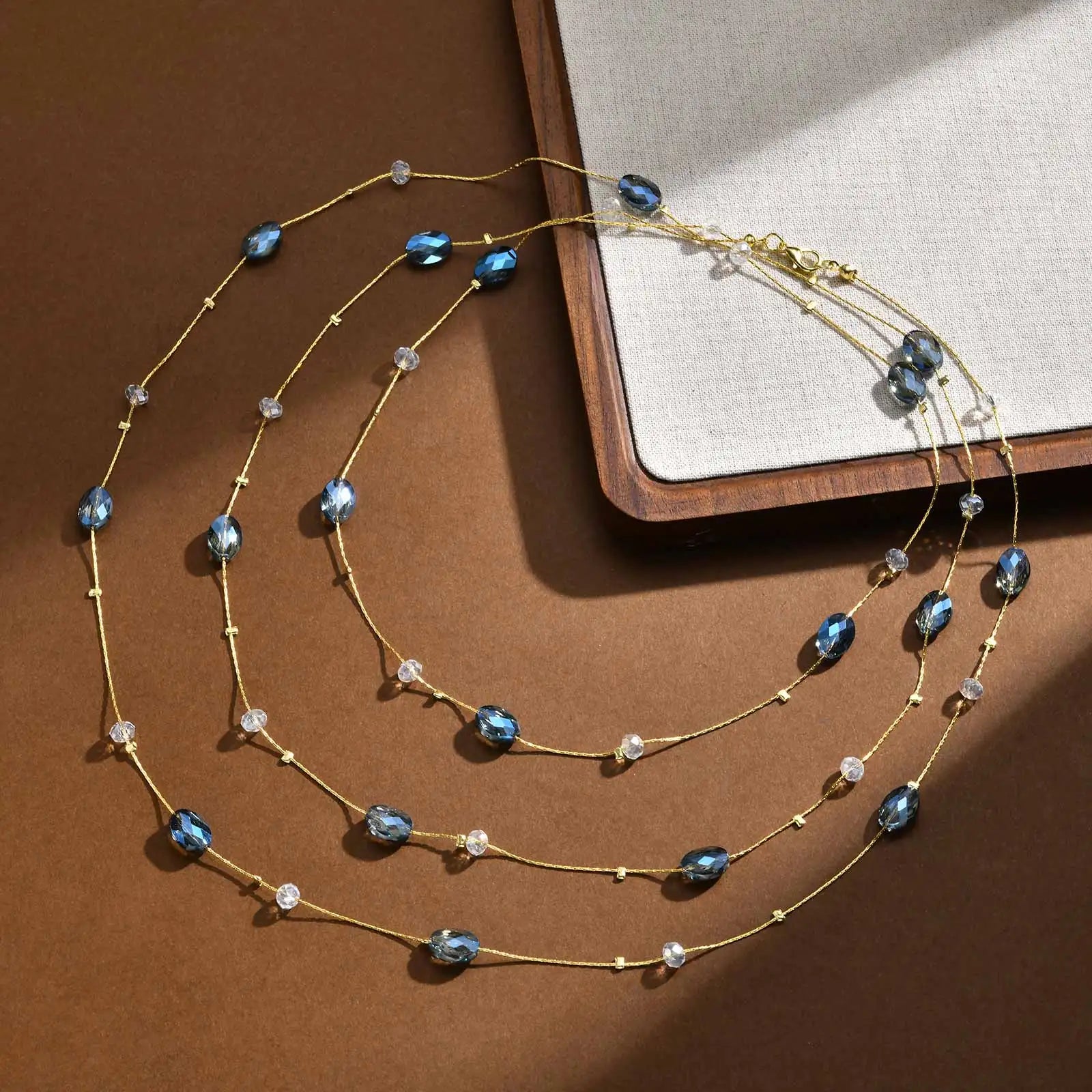 Blue CZ Layered Long Necklace – Sweater Chain for Women