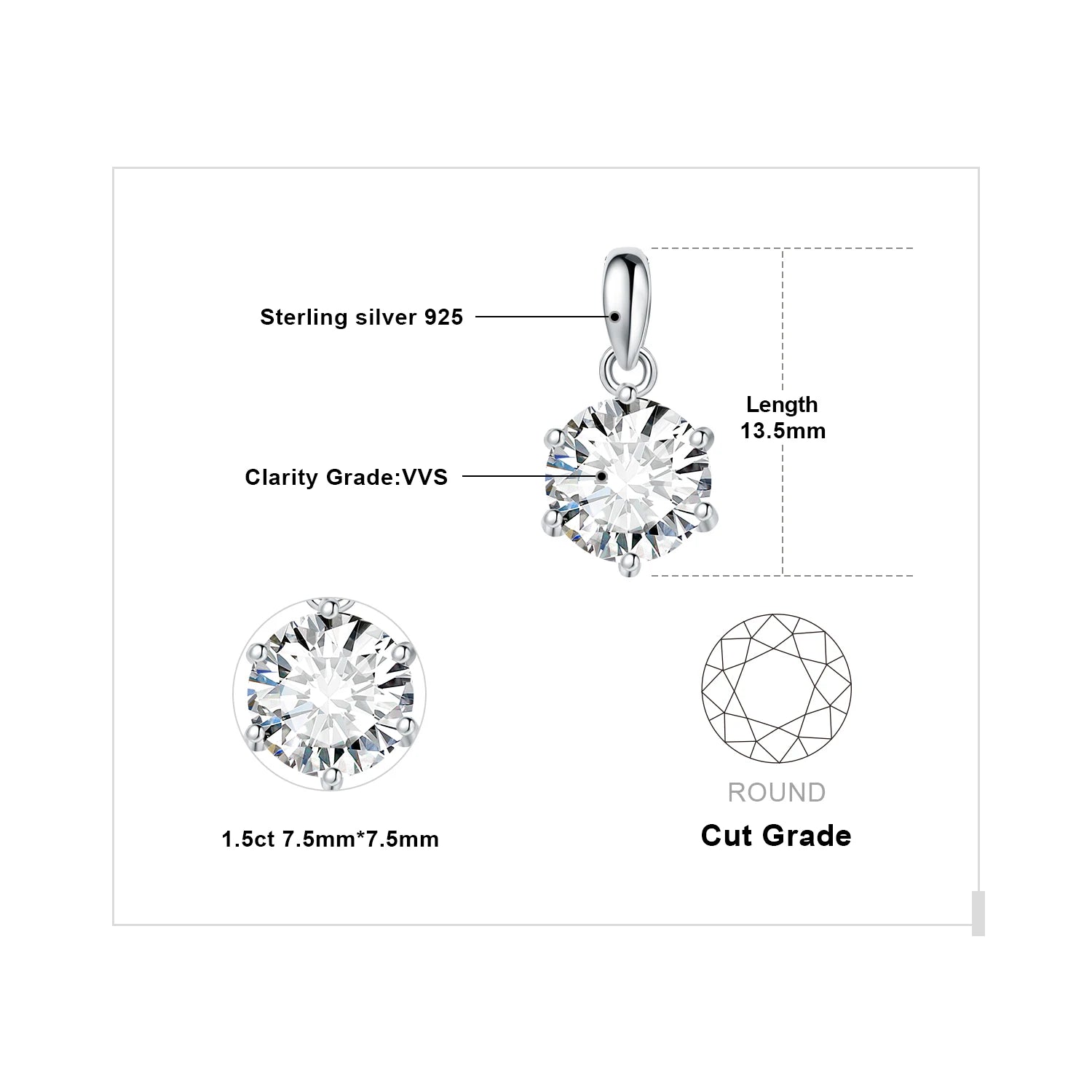 JewelryPalace 1-3ct D Moissanite Round Pendant, 925 Silver