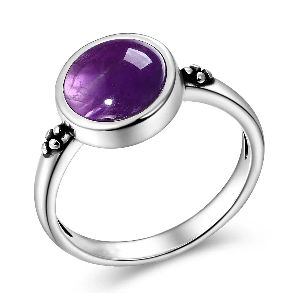 Vintage Round Natural Labradorite Silver Ring for Women