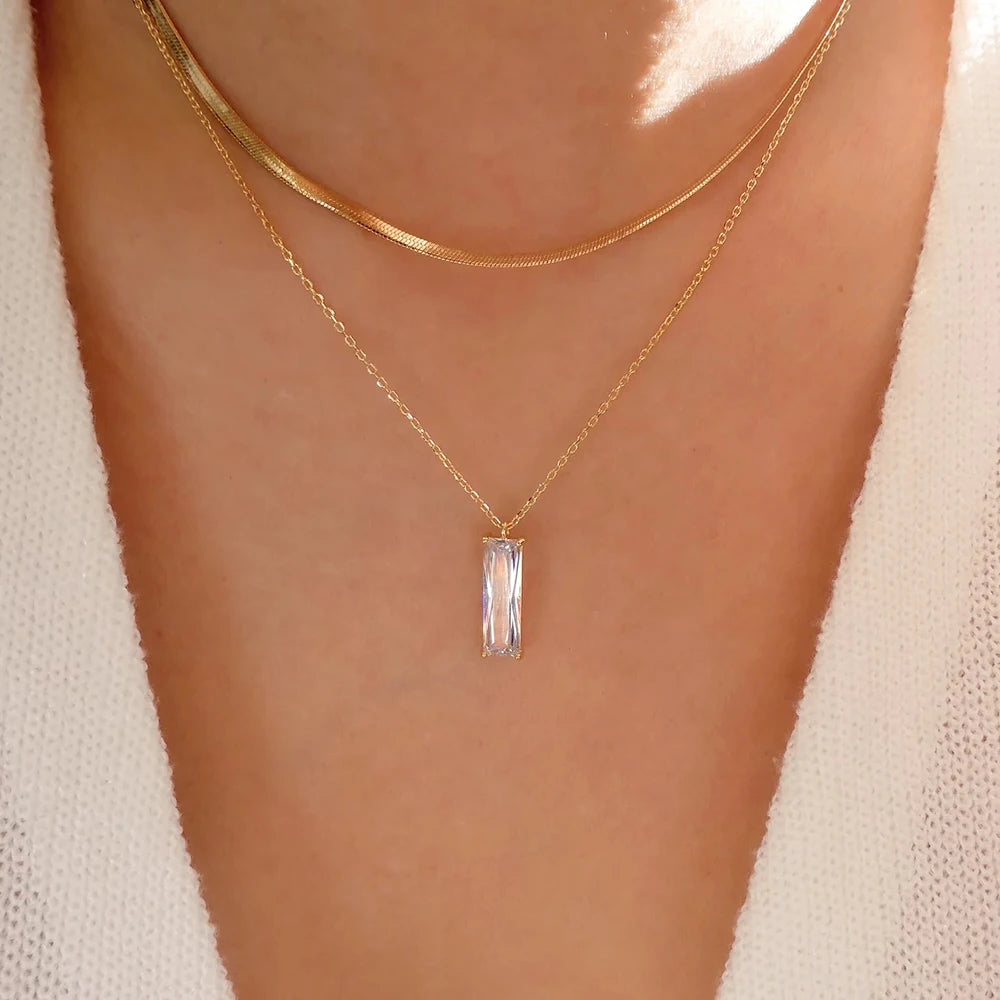Vintage Multi-Layer Stainless Steel Necklace with Green Crystal Pendant