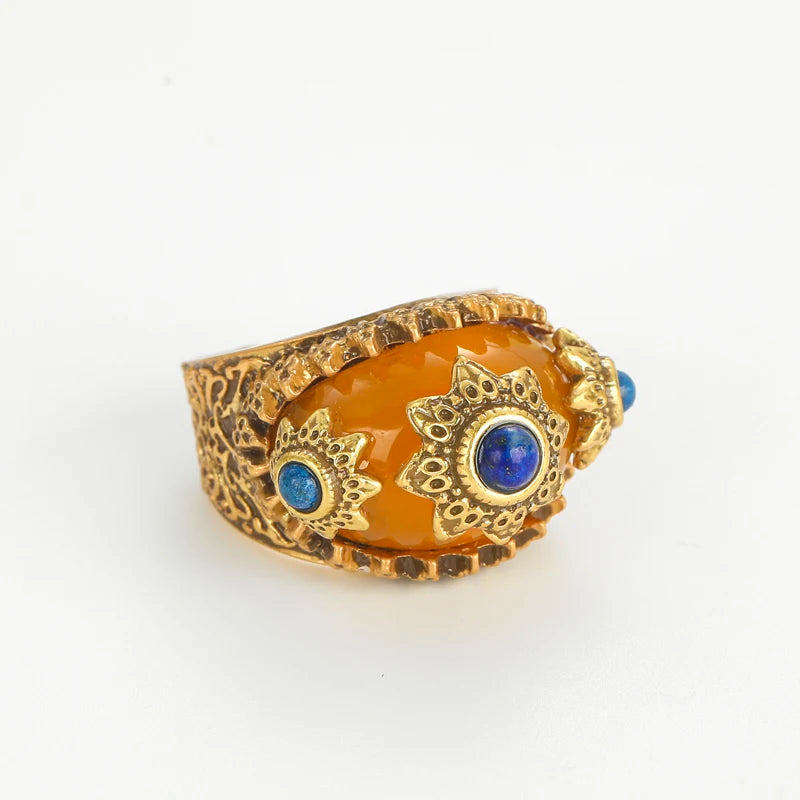 Vintage Blue Gold Sun Ring with Yellow Stone for Women
